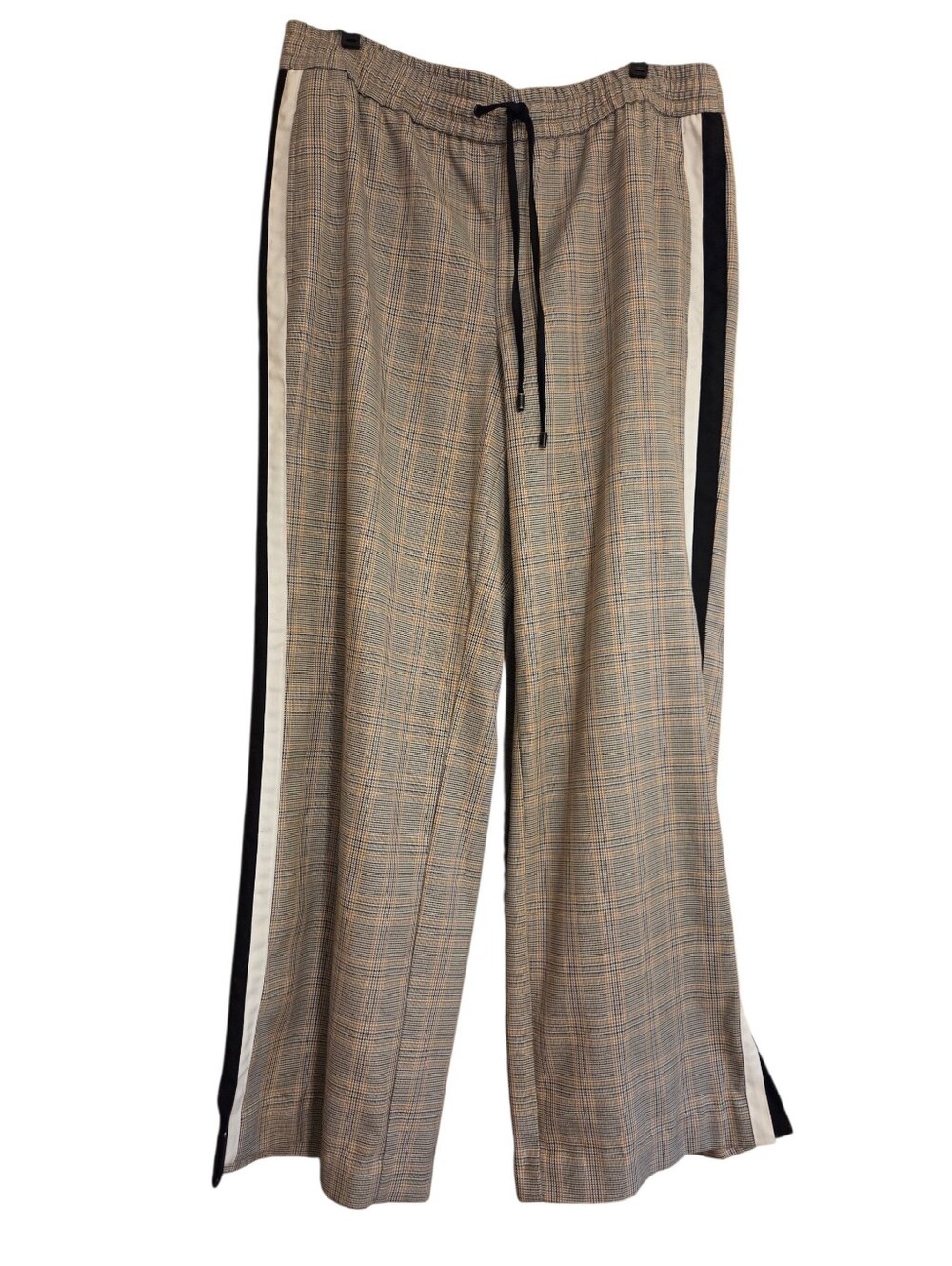Nine West Beige Blk Wh Plaid Drawstring Pants Wide Leg Athleisure Y2K Size Large
